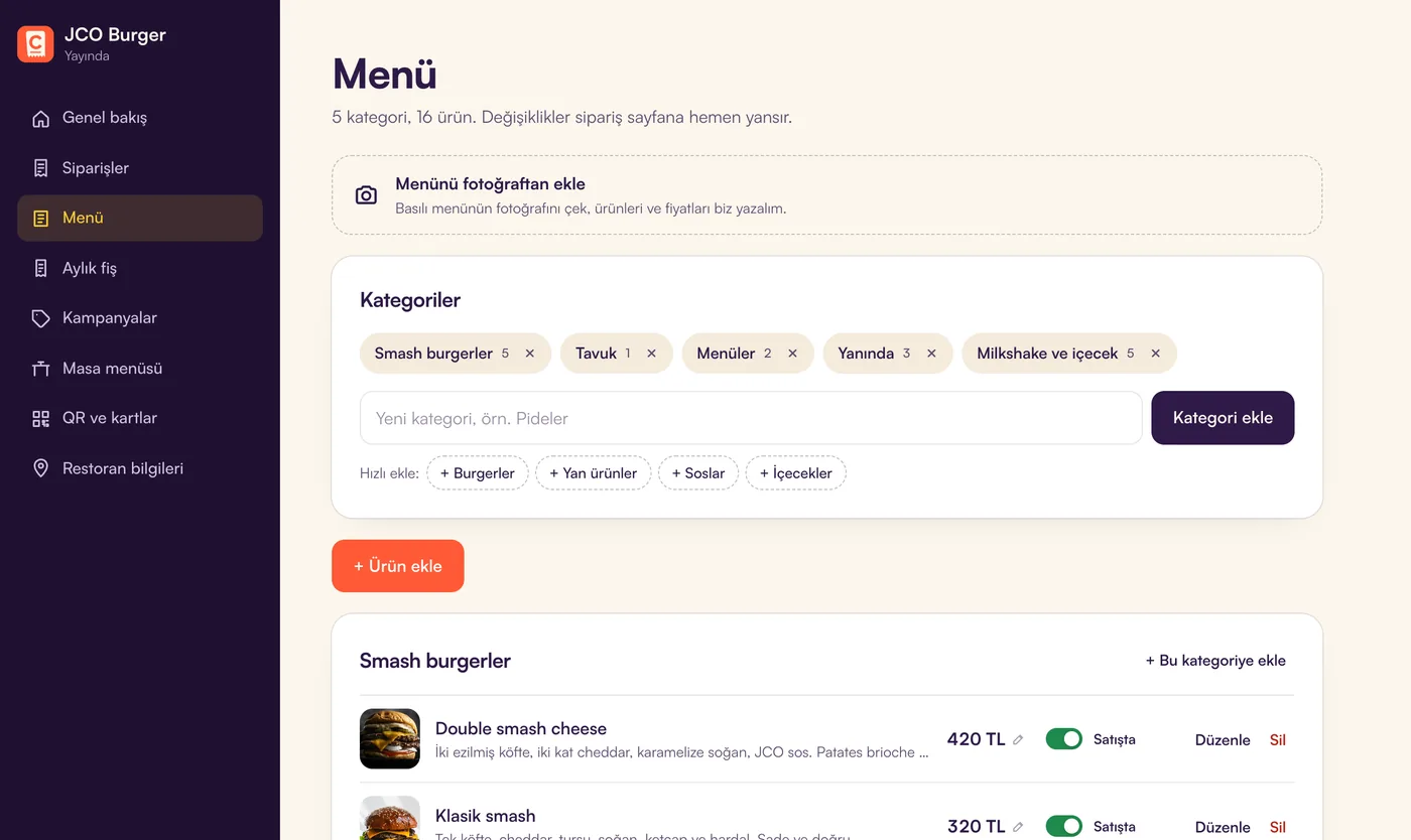 Clopify restoran paneli, menü düzenleme ekranı