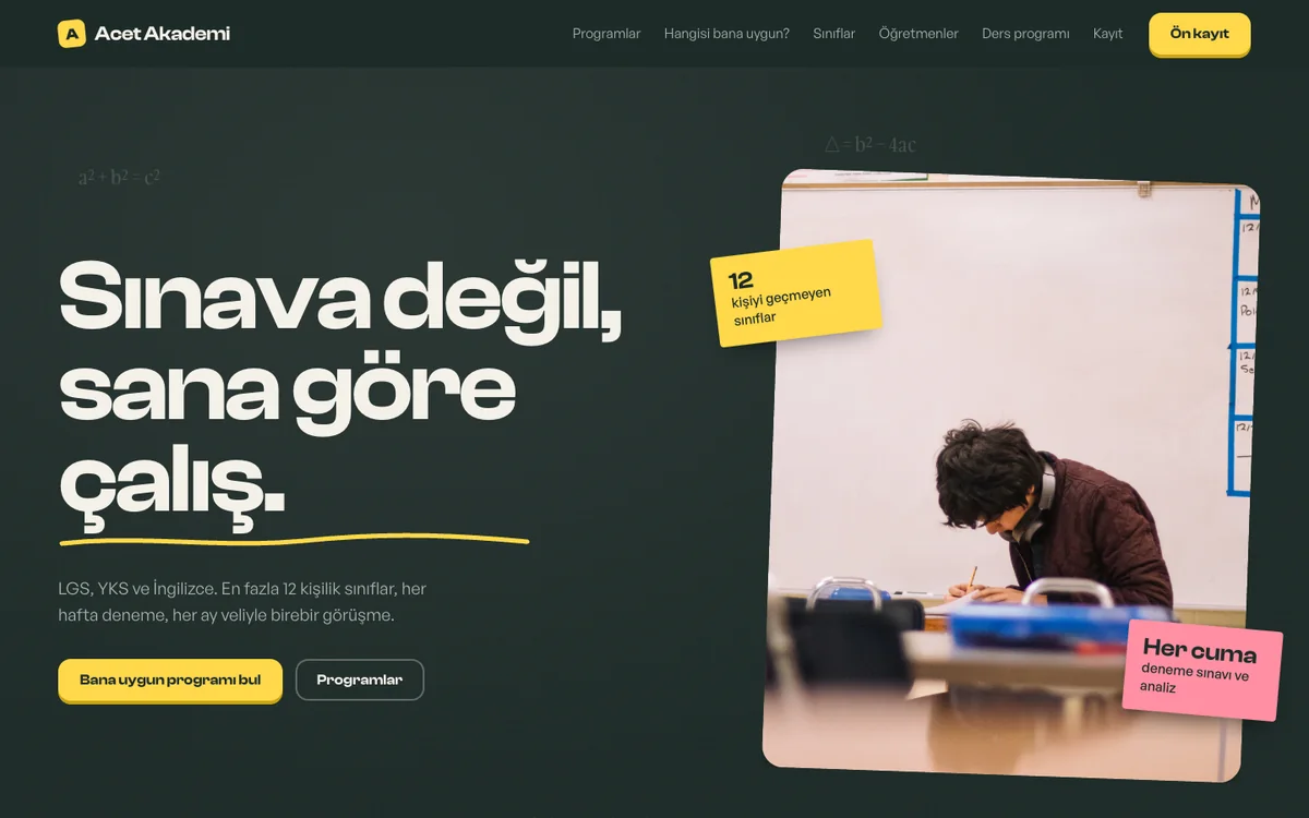 Acet Akademi örnek sitesinin bilgisayar görünümü