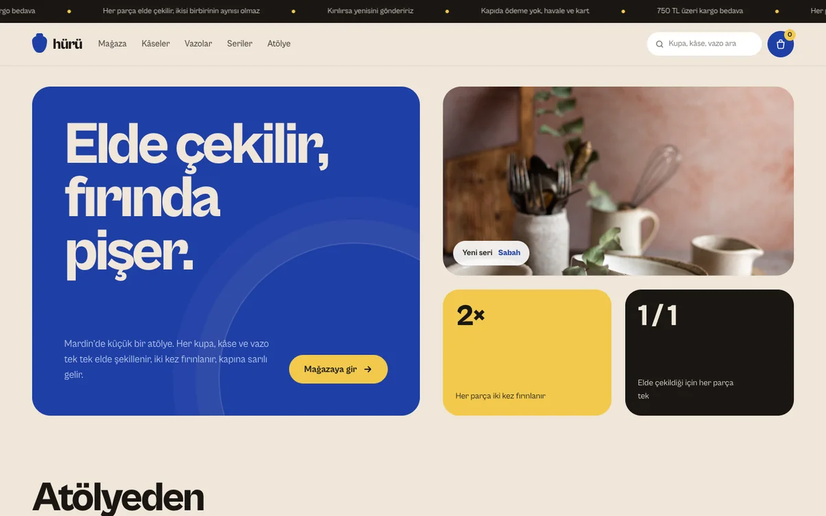 Hürü Seramik örnek sitesinin bilgisayar görünümü